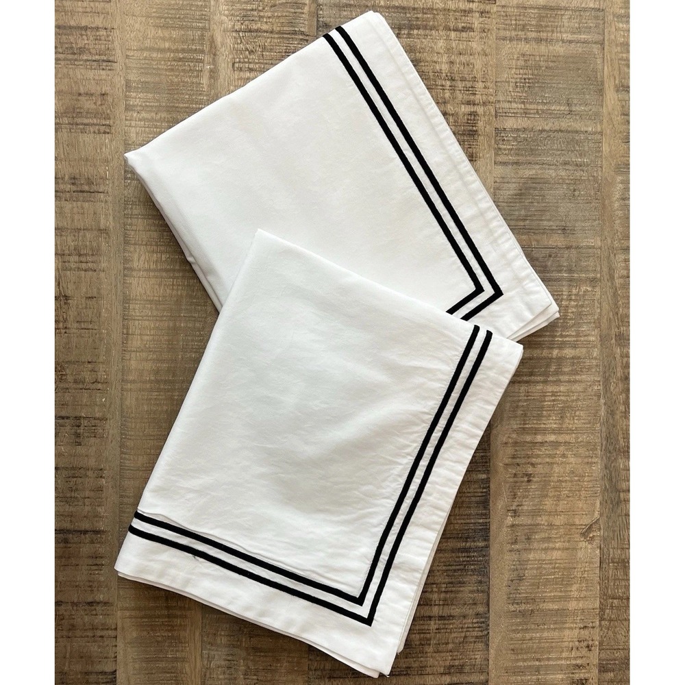 PINZON King Pillow Shams White With 2‎ Black Embroidered Pinstripes Egyptian